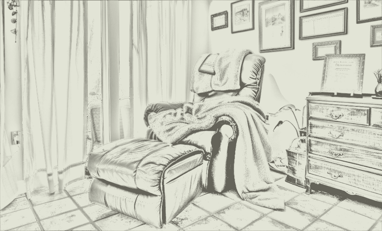 The den, drawn in pencil