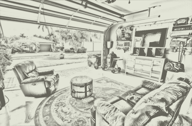 The garage, drawn in pencil